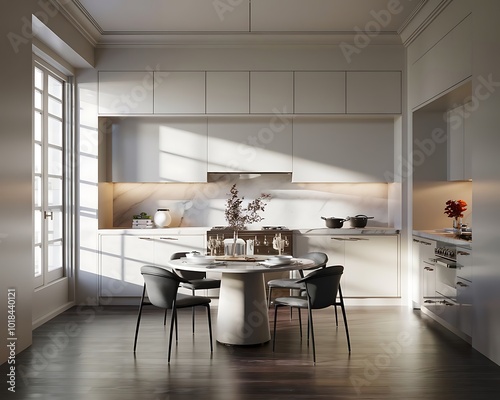 A beautifully rendered modern kitchen interior with a round dining table, sleek cabinets, and soft lighting, a minimalist yet cozy dining space filled with natural light.