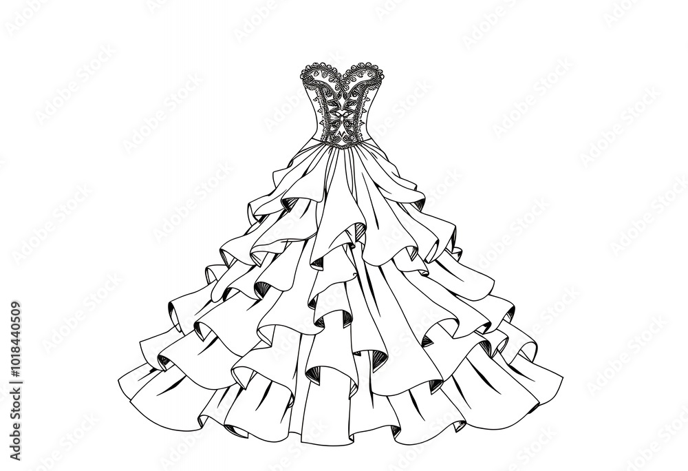 Elegant Wedding Dress Illustration Bridal Gown Design with Ruffles and Lace Elegant Wedding Dress Illustration Bridal Gown Design with Ruffles and Lace
