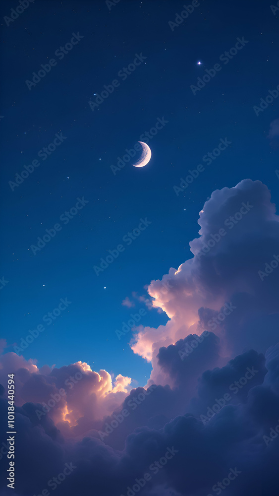 A crescent moon shines brightly in a dark blue sky, accompanied by numerous twinkling stars. Below, a fluffy clouds stretches across the horizon, with pink and purple reflecting from the setting sun A crescent moon shines brightly in a dark blue sky, accompanied by numerous twinkling stars. Below, a fluffy clouds stretches across the horizon, with pink and purple reflecting from the setting sun
