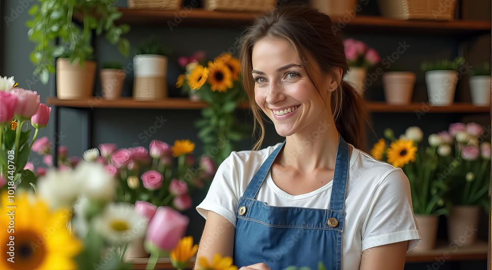 A woman is smiling in front of a flower shop with a variety of flowers A woman is smiling in front of a flower shop with a variety of flowers