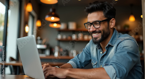 A man is sitting at a table with a laptop in front of him, smiling