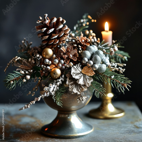 Christmas Candle Arrangement with Pinecones. Winter Holiday Decoration with Pinecones and Candlelight