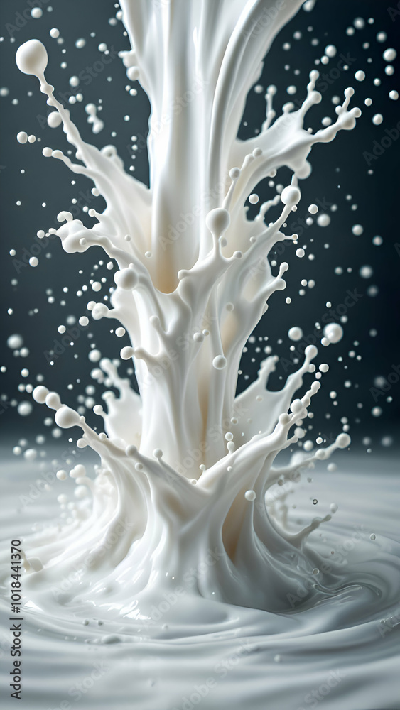 Obraz premium A close-up shot of a white liquid, possibly milk or cream, splashing and creating a crown-like shape with numerous droplets dispersed in the air.