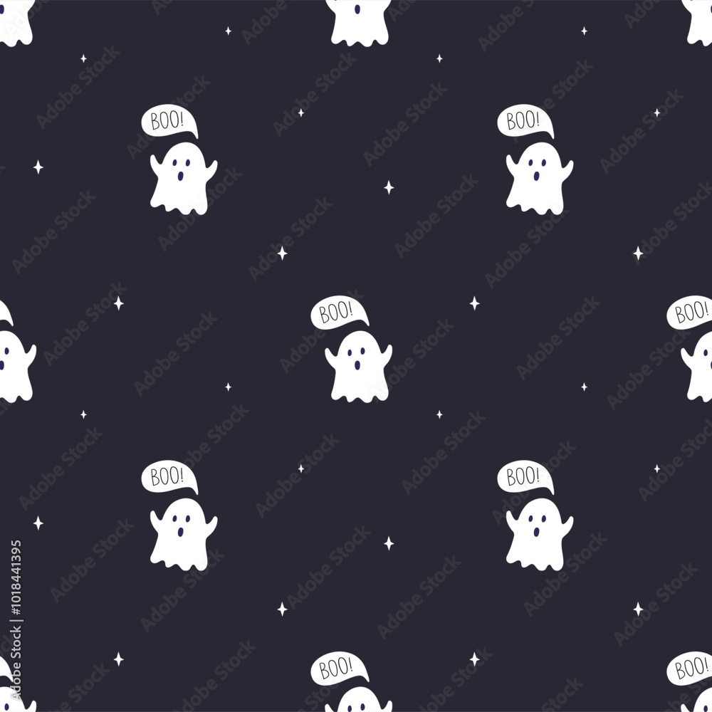 Naklejka premium Halloween seamless pattern with ghosts saying Boo. Cute background for Halloween party fabric or kids stuff. Ghosts in cartoon flat style. Vector illustration 