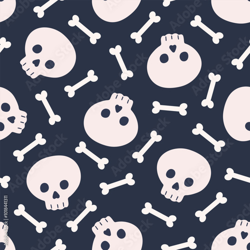 Halloween seamless pattern with sculls and bones. Cute background for Halloween party fabric or kids stuff. Cartoon flat style. Vector illustration 