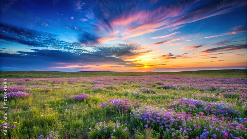 Fototapeta premium Grassy meadow at twilight with wildflowers