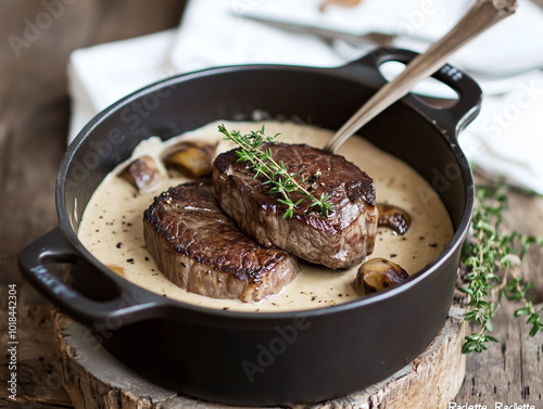 Delicious dish featuring beef fillet steaks in beige sauce, with rich and creamy color on top photo