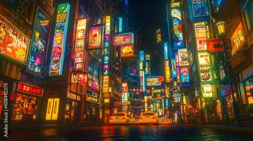 A vibrant city at night illuminated by glowing 3D street signs and billboards, with lights that seem to leap off the scene, creating a dynamic urban atmosphere 