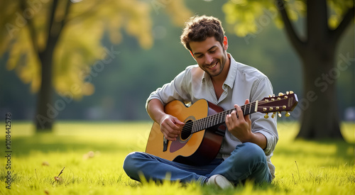 A man is sitting on the grass playing a guitar