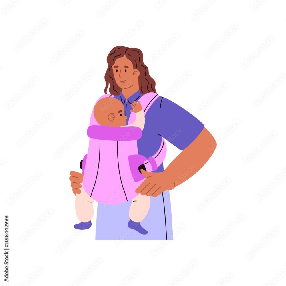 Mother standing with infant in ergo baby carrier, incorrect use vector infographic front view, unfastens straps of wrap Mother standing with infant in ergo baby carrier, incorrect use vector infographic front view, unfastens straps of wrap