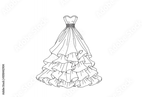 Elegant Ruffled Wedding Dress Illustration Bridal Gown Sketch Line Art Fashion Design