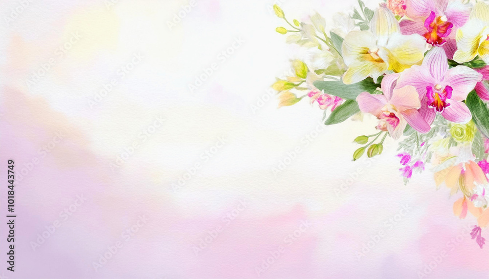 Stylish floral background place for text, easy to use on cards and banners for Mother's Day, Father's Day and wedding invitations. Various flowers in pastel tones, watercolour work-33 Stylish floral background place for text, easy to use on cards and banners for Mother's Day, Father's Day and wedding invitations. Various flowers in pastel tones, watercolour work-33