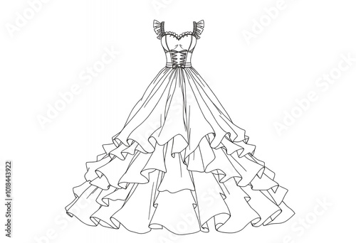 Elegant Ruffled Wedding Dress Line Art Illustration