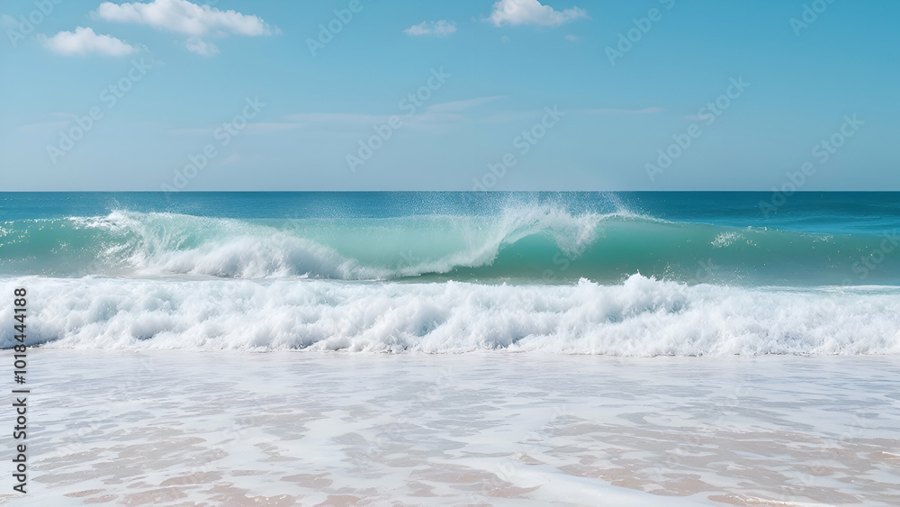 A turquoise ocean wave crashes on a sandy beach, creating white foam that spreads across the shore under a blue sky with white clouds. A turquoise ocean wave crashes on a sandy beach, creating white foam that spreads across the shore under a blue sky with white clouds.