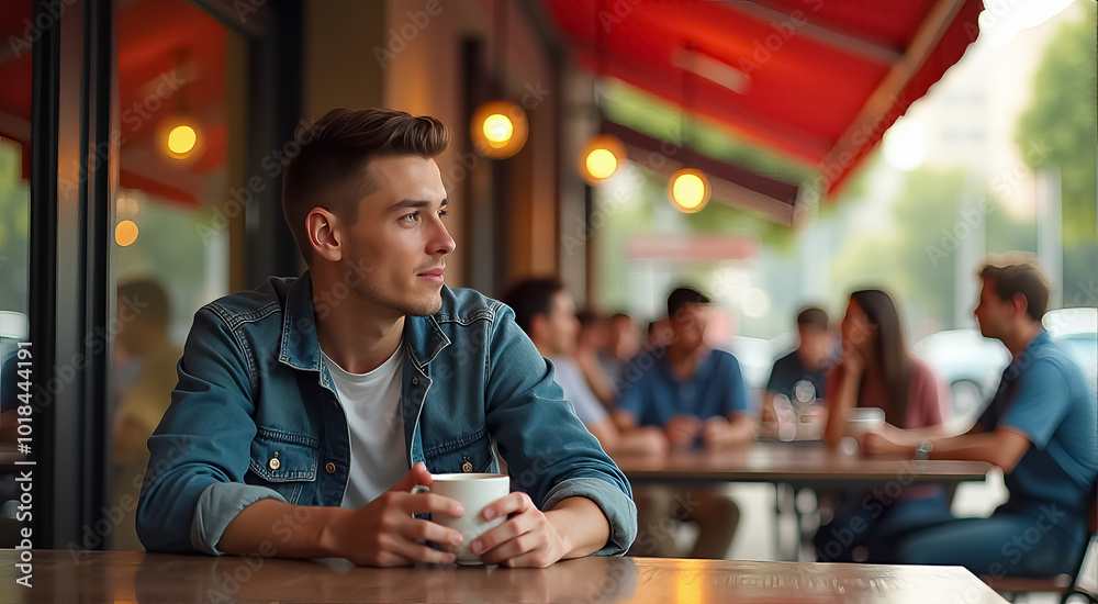 A man is sitting at a table in a cafe with a cup of coffee in front of him A man is sitting at a table in a cafe with a cup of coffee in front of him