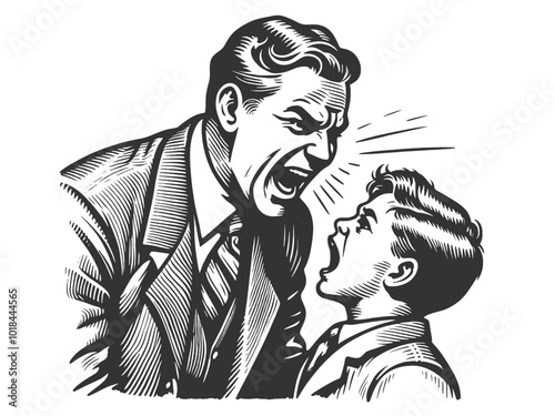 angry father man shouting at his son young boy, intense emotional confrontation, dramatic expression sketch engraving generative ai vector illustration. Scratch board imitation. Black and white image.