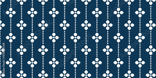Simple white floral pattern with vertical circles on a blue background