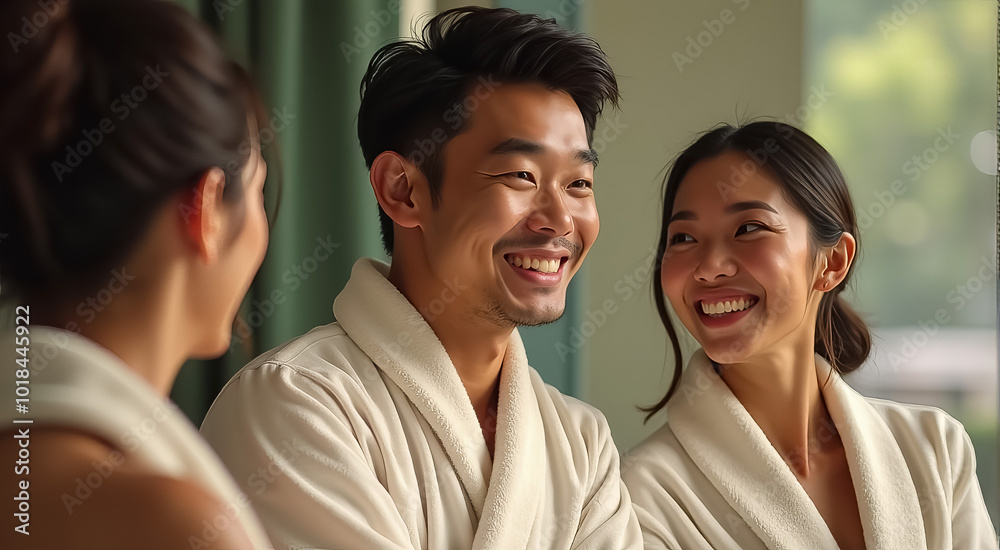A man and woman are smiling at the camera while wearing matching robes A man and woman are smiling at the camera while wearing matching robes