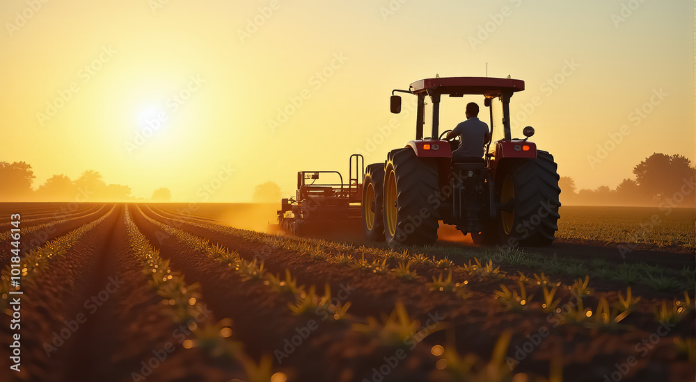 A man is driving a tractor through a field of crops A man is driving a tractor through a field of crops
