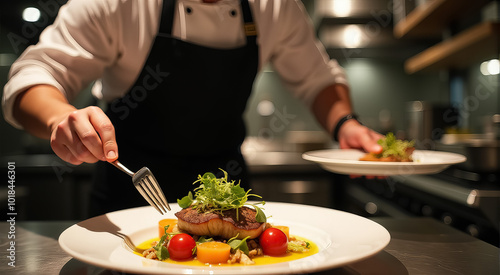 A chef is preparing a meal with a fork and knife