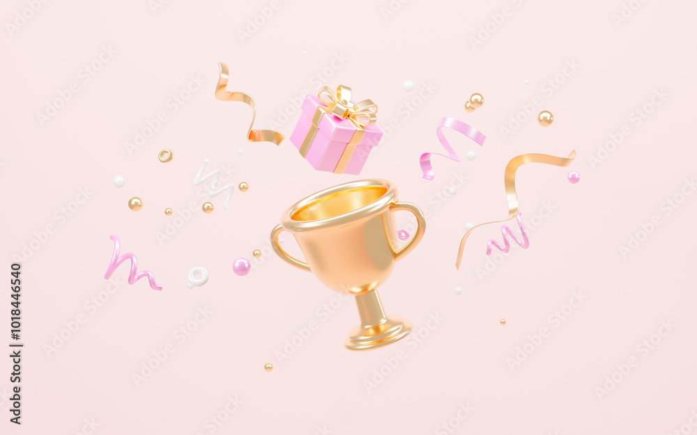 Golden trophy with floating gift, floating gold ribbons, celebration, winner, champion and reward concept, 3d rendering. Golden trophy with floating gift, floating gold ribbons, celebration, winner, champion and reward concept, 3d rendering.
