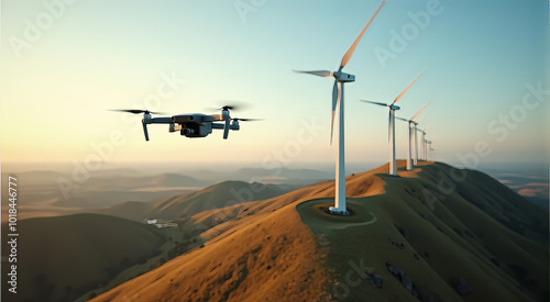 A drone is flying over a field of wind turbines photo