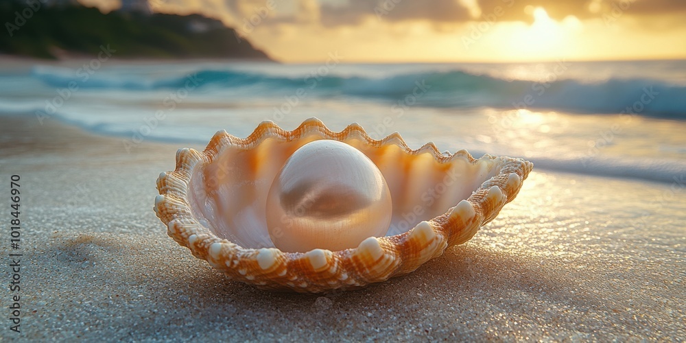 A luminous pearl rests inside a seashell on a sandy beach, bathed in the warm glow of the setting sun.