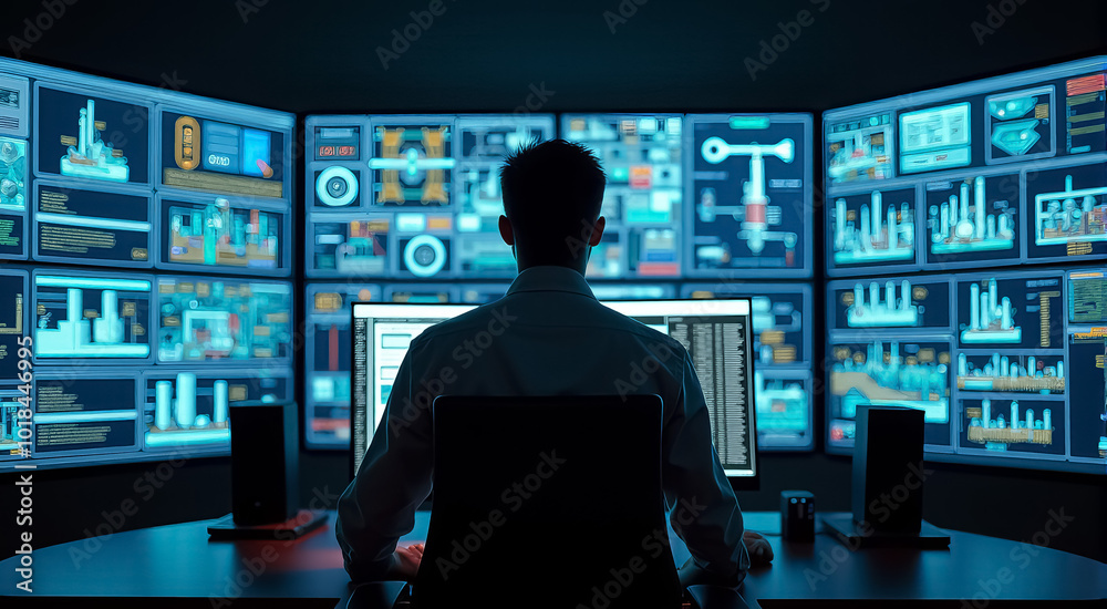 A man is sitting in front of a computer monitor with a lot of screens A man is sitting in front of a computer monitor with a lot of screens
