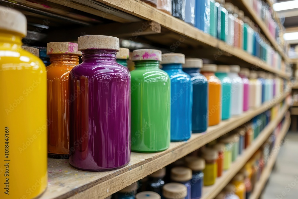 Rows of Colorful Glass Jars on Wooden Shelves Rows of Colorful Glass Jars on Wooden Shelves