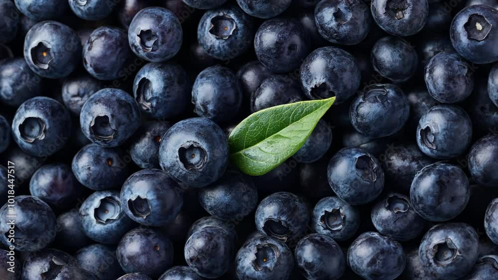 Ripe juicy blueberries laying, scattered on top of each other with green leaf. Nordic berries of blue, purple colors. Closeup rotation shot. Plant native to Alpine and Arctic tundra. Natural pattern.