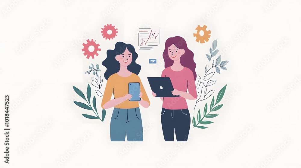 Two women working together on digital marketing, flat vector illustration with white background and colorful icons Two women working together on digital marketing, flat vector illustration with white background and colorful icons