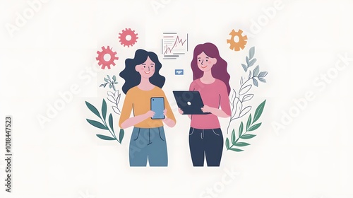 Two women working together on digital marketing, flat vector illustration with white background and colorful icons