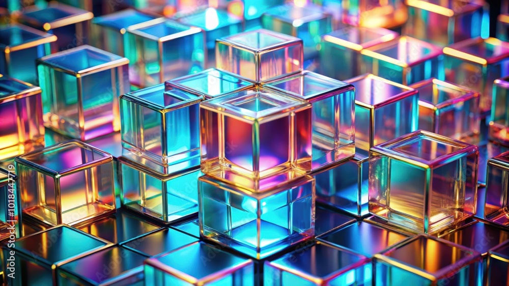 Tech background with holographic glass cubes reflecting light and creating abstract patterns, holographic, glass cubes Tech background with holographic glass cubes reflecting light and creating abstract patterns, holographic, glass cubes