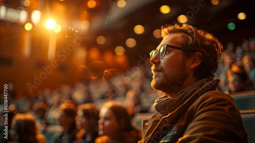 A middle-aged man sits amidst a lively crowd enjoying a concert, a meeting, or a lecture.