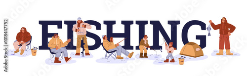 Vector banner with "fishing" word with characters in different poses during ice fishing.