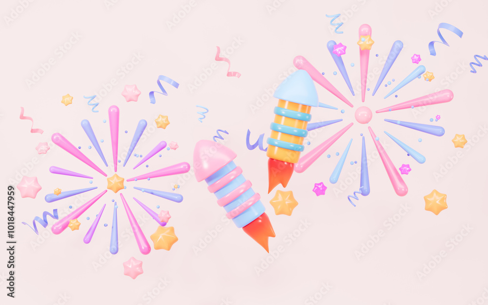 Cartoon firecracker and rocket with explosion confetti. Birthday surprise, holiday and event celebration, 3d rendering. Cartoon firecracker and rocket with explosion confetti. Birthday surprise, holiday and event celebration, 3d rendering.