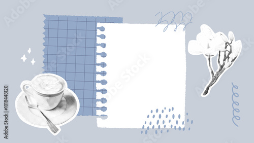 Blue paper collage, blank copybook page decorated with cutout halftone coffee cup, branch of flowers. Journal abstract doodle paper, checkered pattern note background
