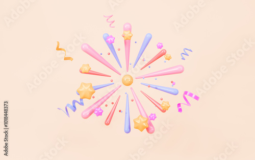 Cartoon firecracker and ribbons with explosion confetti. Birthday surprise, holiday and event celebration, 3d rendering.