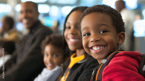 A family in an airport departure area, parents and children gathered near a gate, waiting excitedly to board a plane, while announcements play in the background