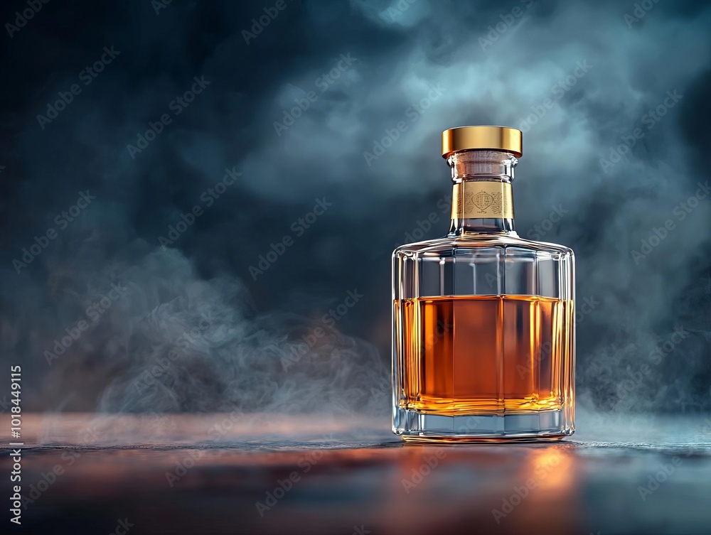 Close-up of whiskey bottle with gold cap and clear glass, vibrant liquid reflections, floating in a dark smoky atmosphere, whiskey product, 3D render concept Close-up of whiskey bottle with gold cap and clear glass, vibrant liquid reflections, floating in a dark smoky atmosphere, whiskey product, 3D render concept