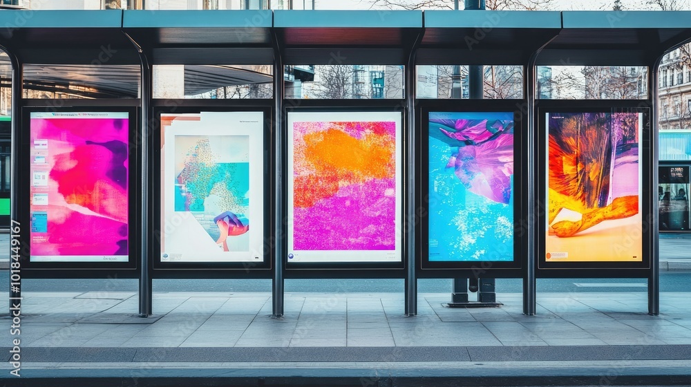 A vibrant bunch of bus stop images featuring colorful advertisements, situated on a white background to highlight urban life. A vibrant bunch of bus stop images featuring colorful advertisements, situated on a white background to highlight urban life.