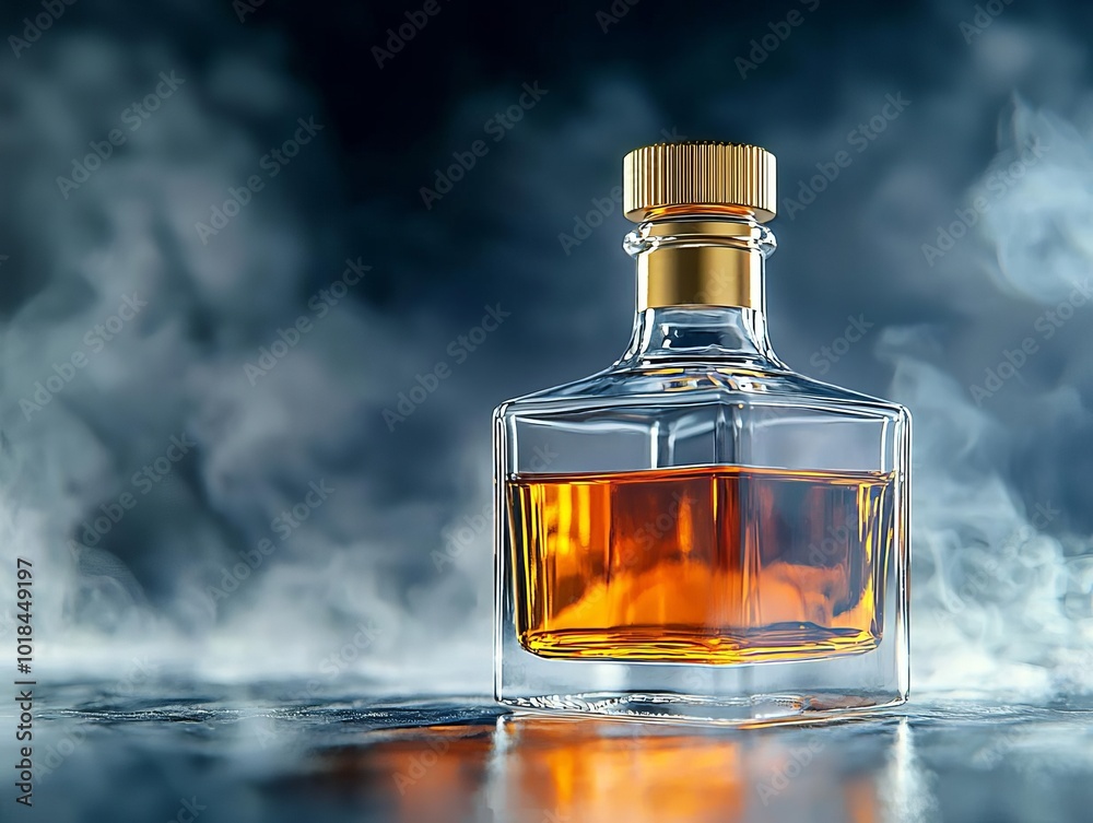 Close-up of whiskey bottle with gold cap and clear glass, vibrant liquid reflections, floating in a dark smoky atmosphere, whiskey product, 3D render concept Close-up of whiskey bottle with gold cap and clear glass, vibrant liquid reflections, floating in a dark smoky atmosphere, whiskey product, 3D render concept
