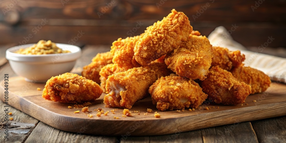 Crispy chicken pieces coated in golden bread crumbs, fried, delicious, crispy, snack, poultry, meal, crunchy