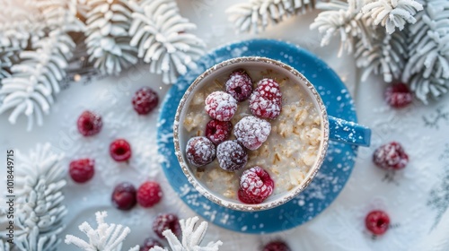 Frosty Morning Breakfast with Berries and Snowy Decor