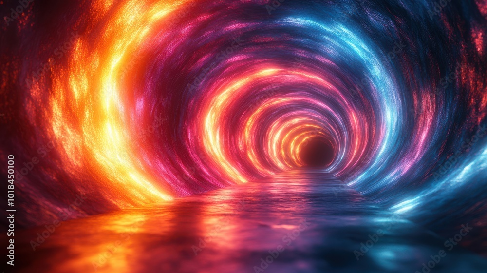 Abstract Tunnel of Glowing Orange and Blue Lights with a Reflective Surface Abstract Tunnel of Glowing Orange and Blue Lights with a Reflective Surface