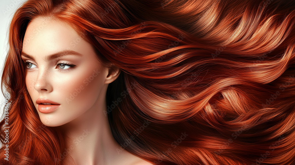 Fototapeta premium Modell con capelli lunghi e vibranti, con un'acconciatura sana e lucente. Ritratto di moda di una bellissima modella in un ambiente da studio. Pubblicità parrucchiere.