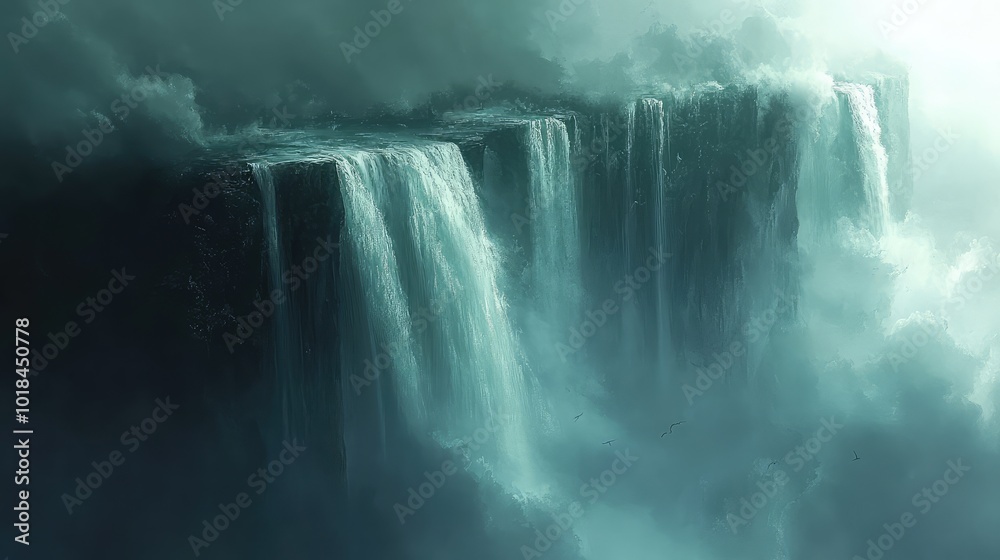 A sideways waterfall defies gravity, flowing horizontally with mist and vapor swirling around, creating a surreal, atmospheric scene. A sideways waterfall defies gravity, flowing horizontally with mist and vapor swirling around, creating a surreal, atmospheric scene.