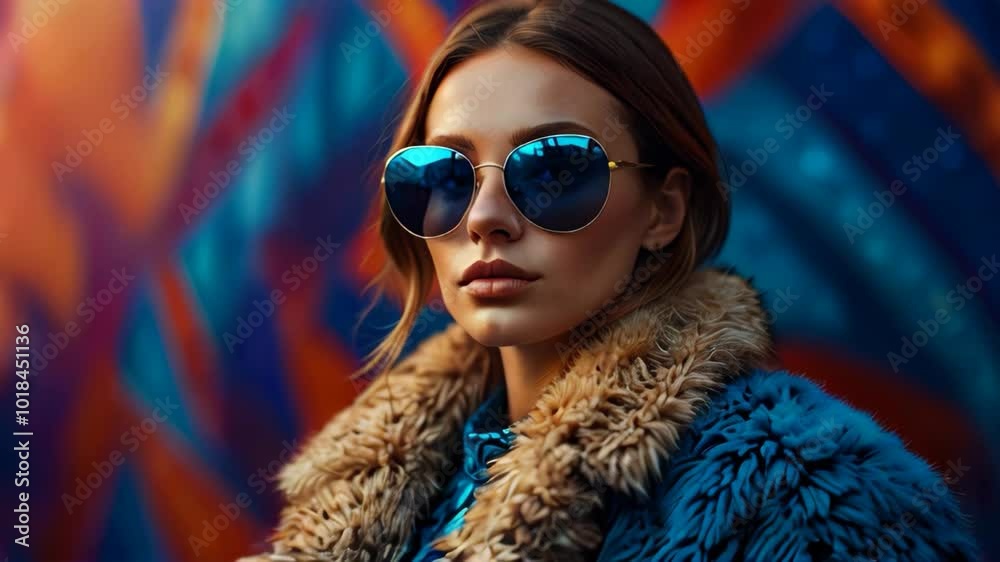 Stylish Young Beautiful Woman in Sunglasses and Blue Fur Coat. Fashionable Model Posing With Chic Accessories. Trendy Urban Portrait with Colorful Background. Luxury Rich Lifestyle Fashion Trend Theme