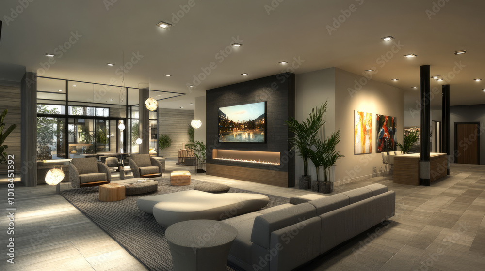 A spacious modern living room showcasing an open floor plan, featuring a flat-screen TV, comfortable seating, and artistic lighting fixtures