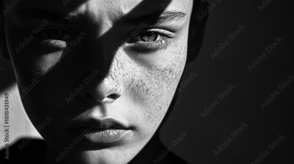 A striking black and white portrait of a person with deep shadows across their face, emphasizing strong emotions and timeless elegance
